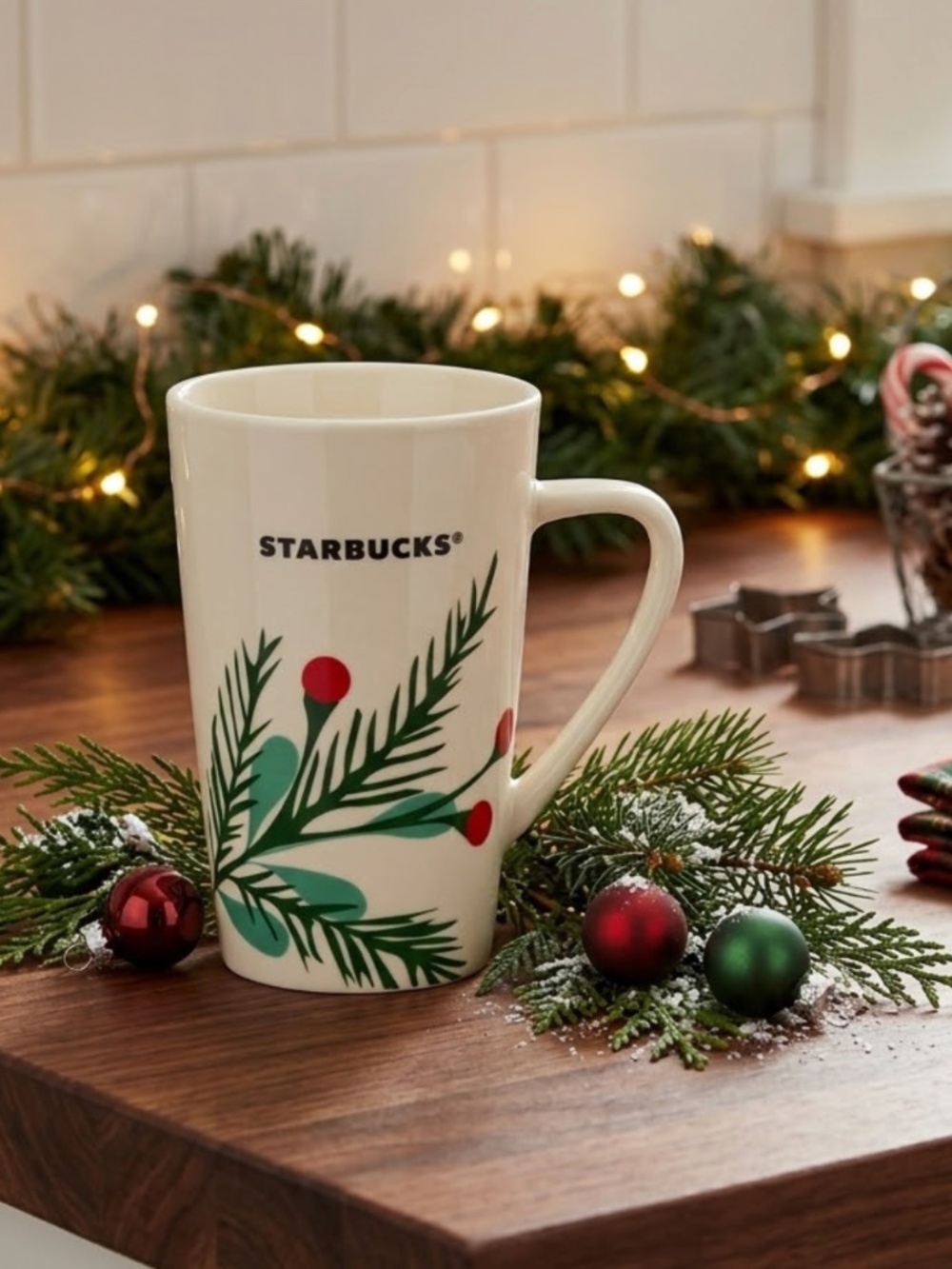 Starbucks 2020 White Ceramic Christmas Coffee Mug with Evergreen Holly Berries